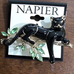NAPIER Black Panther on a Branch w/ Leaves Gold Enamel Green Crystal Brooch Pin